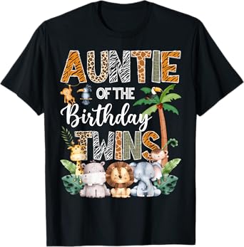 Auntie Of The Birthday Twins Safari Jungle Animal Lover T-Shirt