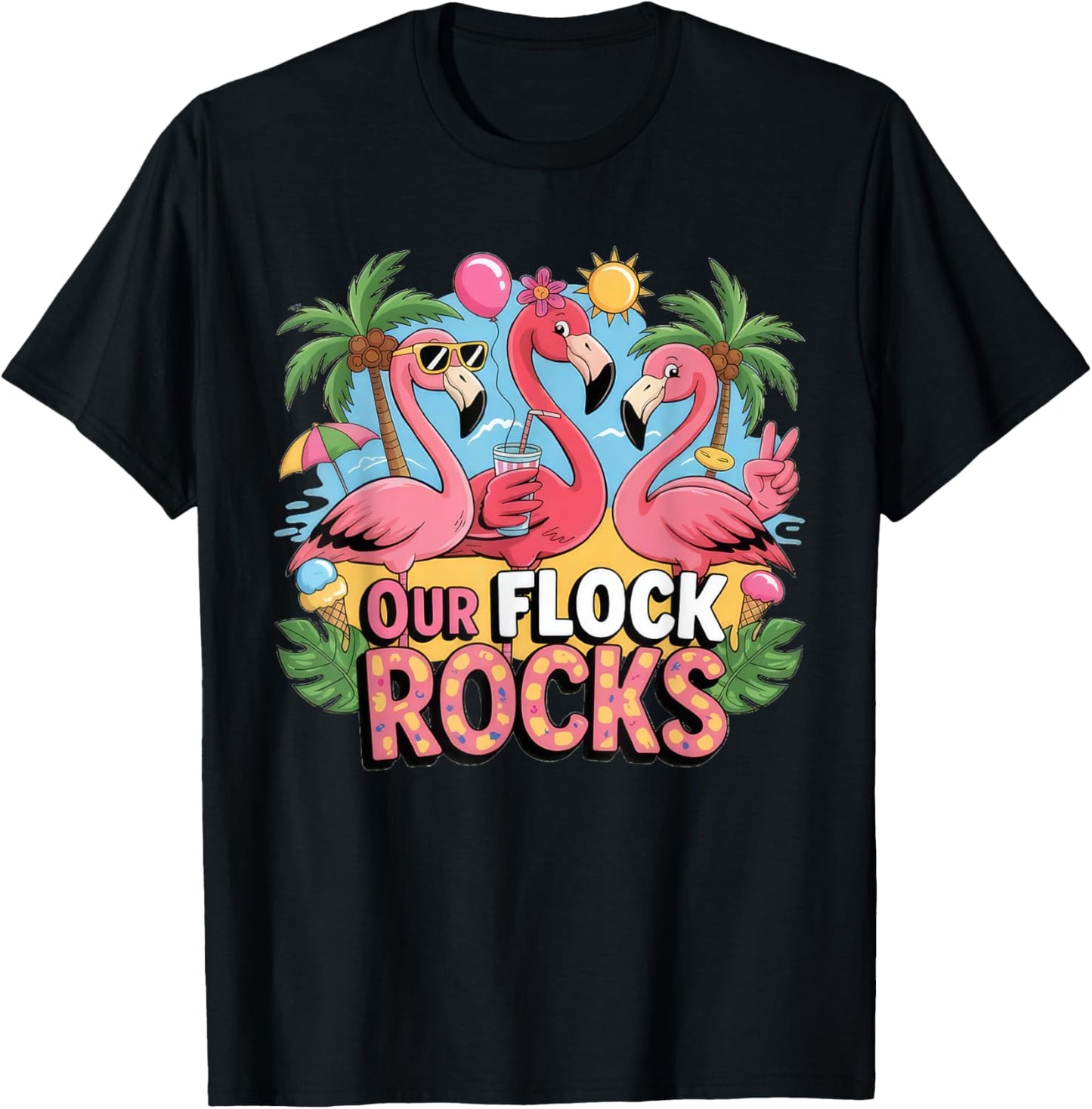 Our Flock Rocks Flamingo Summer Vacation Family Matching Shirts Tee by TeeBrew
