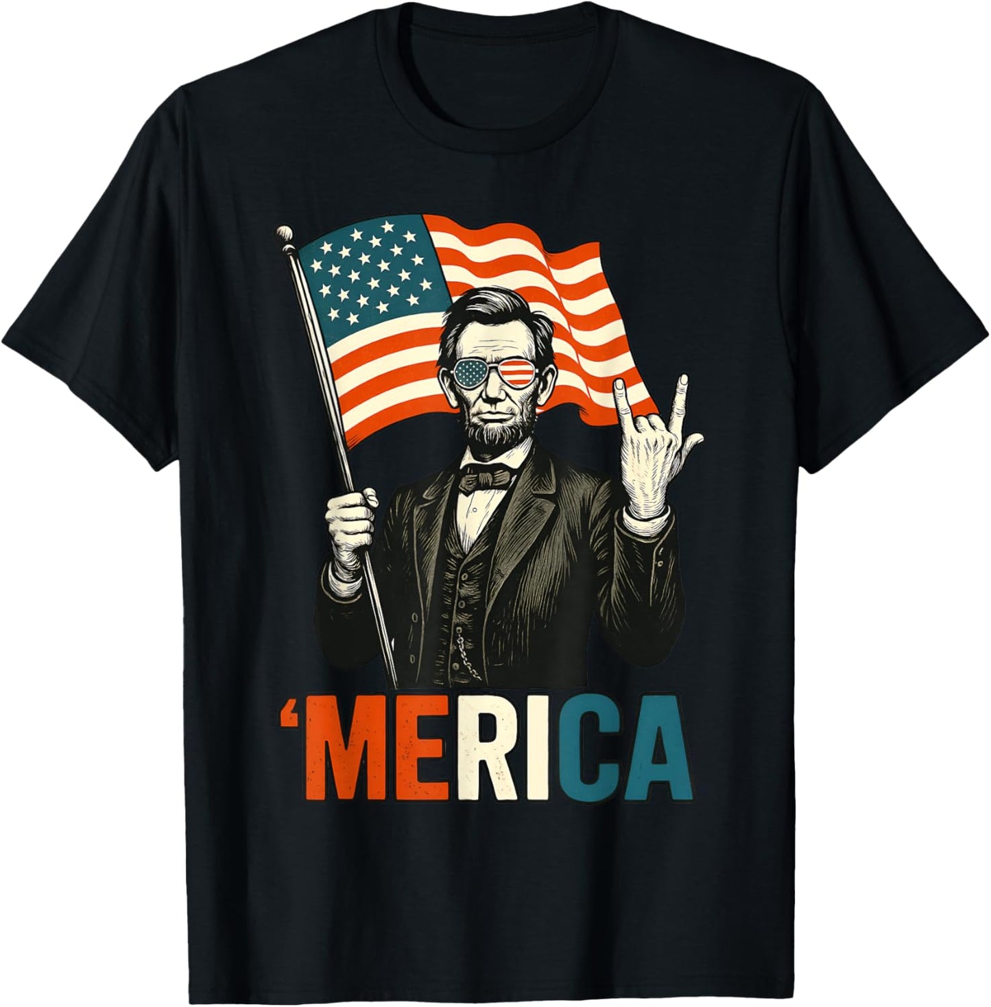 Lincoln Merica Rock Funny 4th Of July American Flag Usa T-shirt