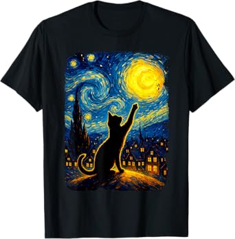 Black Cat Starry Night Van Gogh Cat, Cat Mom, Cat Dad T-Shirt