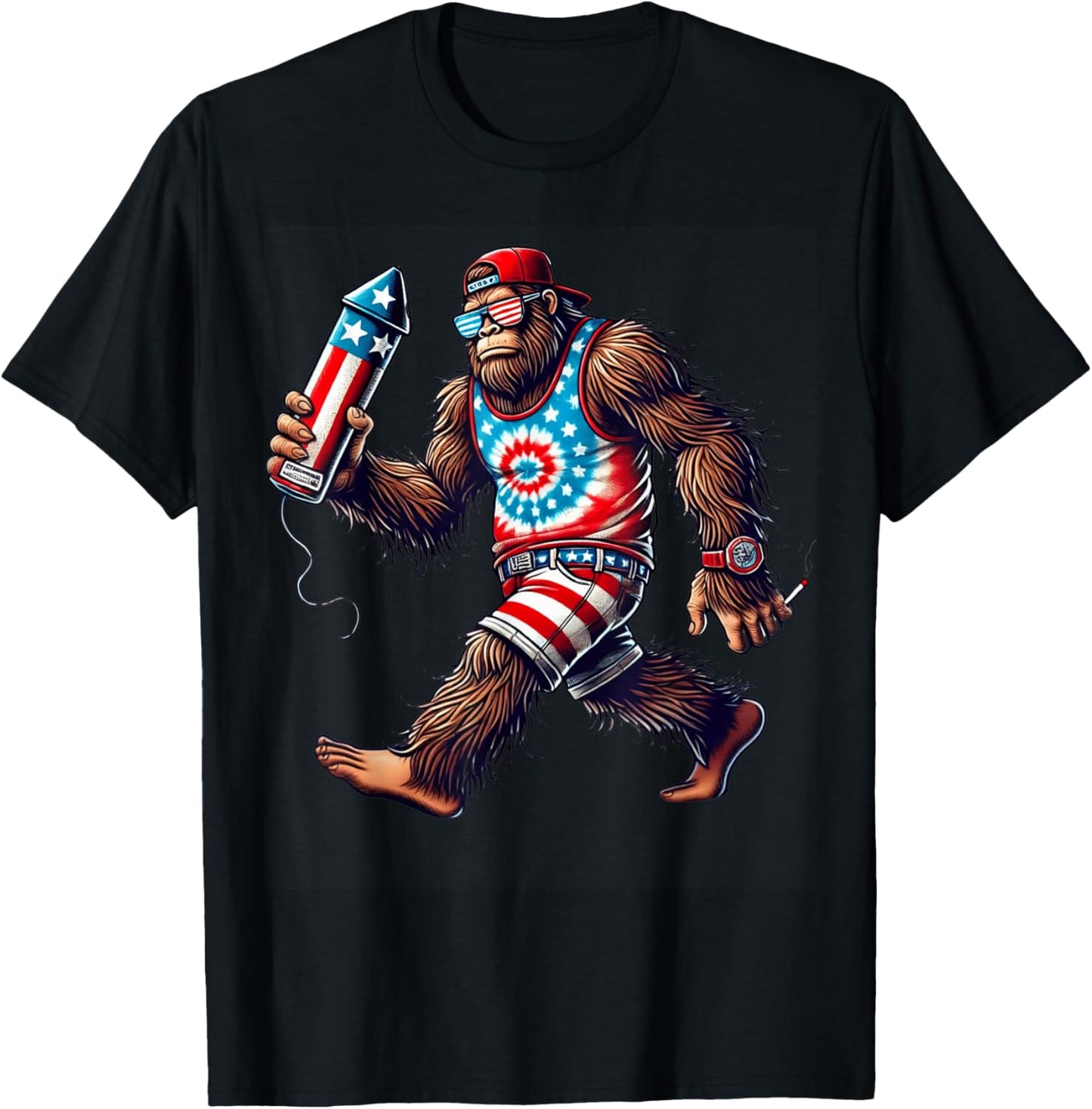 Bigfoot Fireworks 4th of July Men Sasquatch US Flag Men Boys T-Shirt