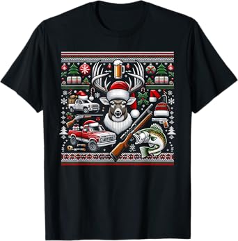 Deer Hunting Bass Fishing Redneck Ugly Christmas T-Shirt