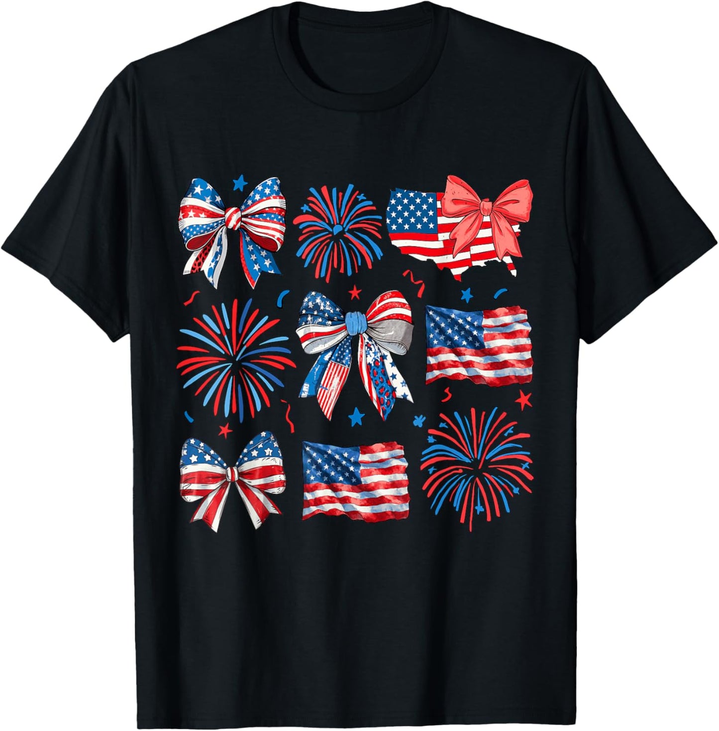 Girls USA Flag Fireworks Bows Patriotic 4th of July Coquette T-Shirt