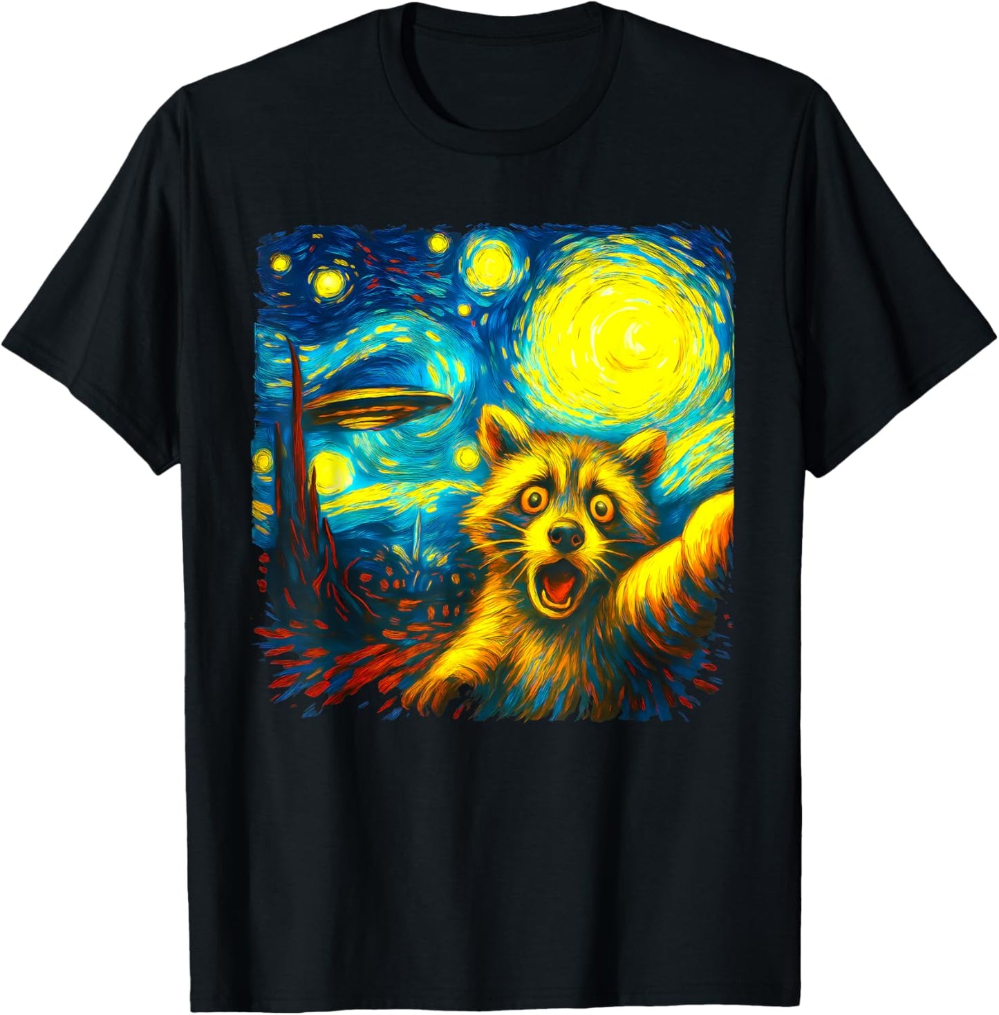 Raccoon Selfie With Alien Ufo Funny Starry Night Van Gogh T-shirt