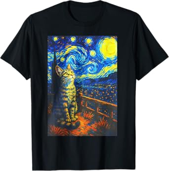 Starry Night Cat, Van Gogh Cat, Cat Lover, Cat Mom, Cat Dad T-Shirt for Men Women Kids