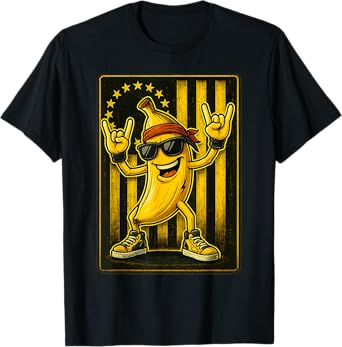 Cool Banana Rocking Graphic Tees Retro American Flag Banana T-Shirt