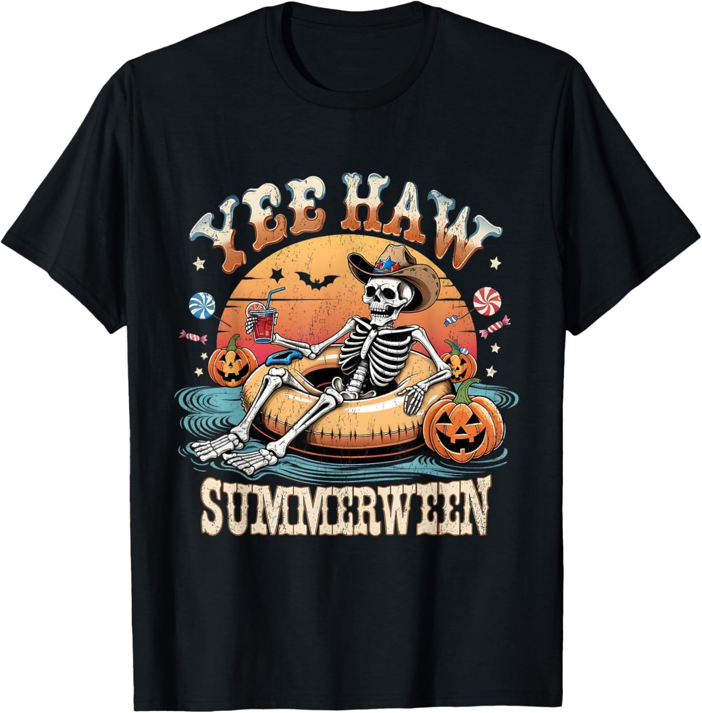 Yee Haw Summerween Cowboy Skeleton Western Halloween Tee T-Shirt