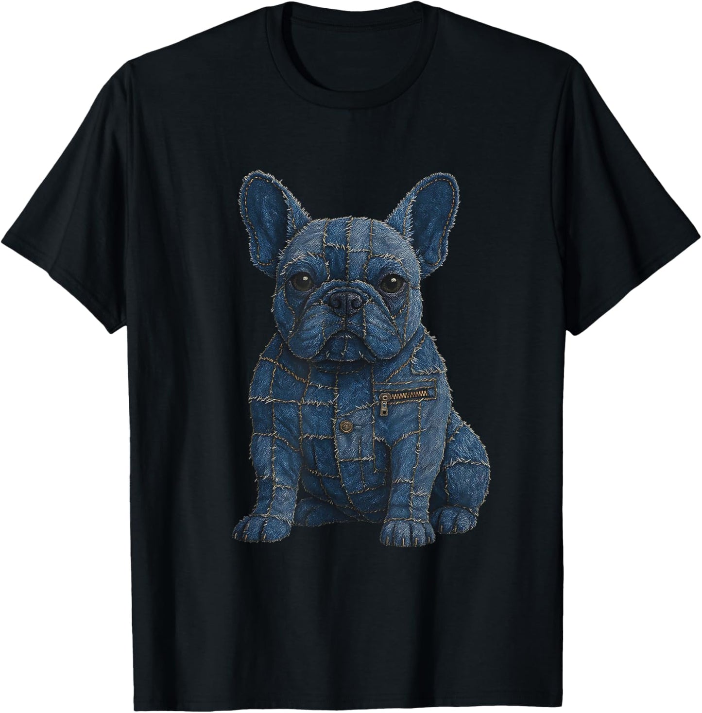 Dog Pattern Denim Patchwork French Bulldog Tee T-Shirt