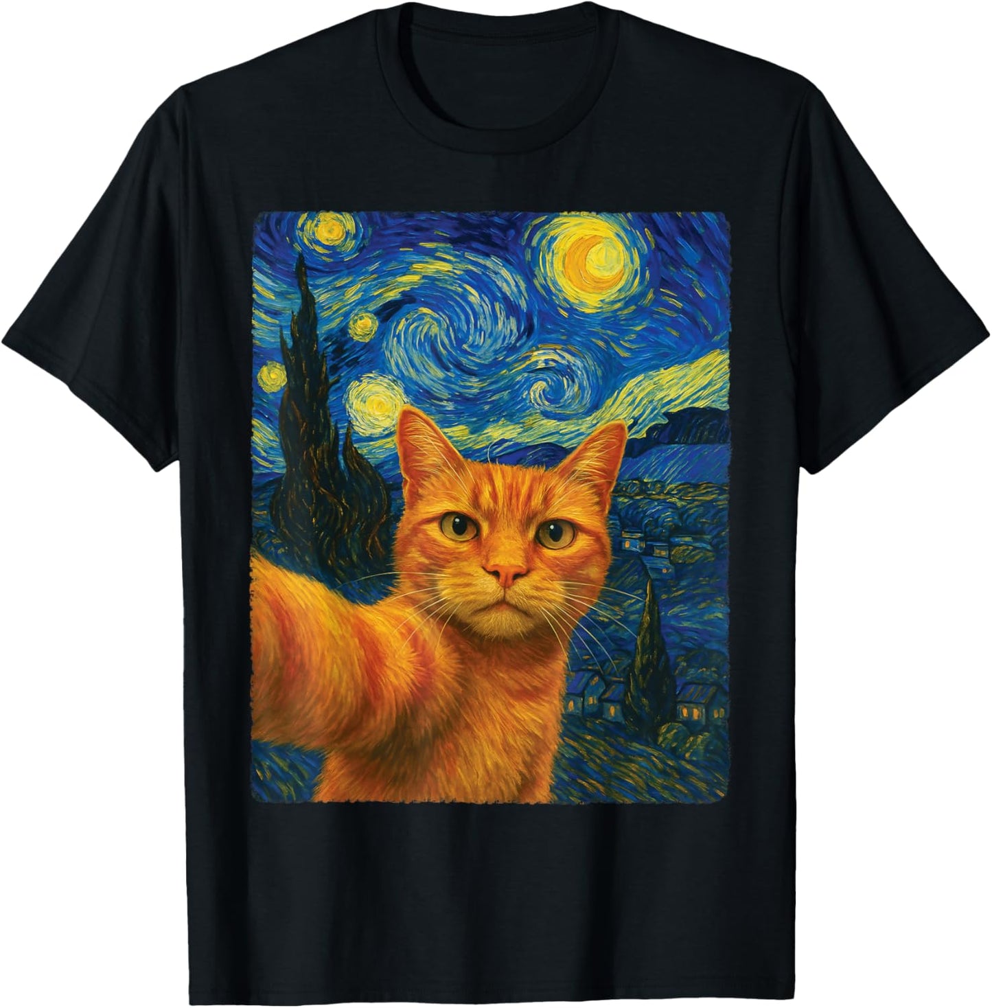 Orange Cat Selfie Van Gogh's Starry Night Cat Mom Cat Lovers T-Shirt