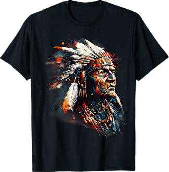 Indian Chief Native American Feather Headdress Artwork T-Shirt