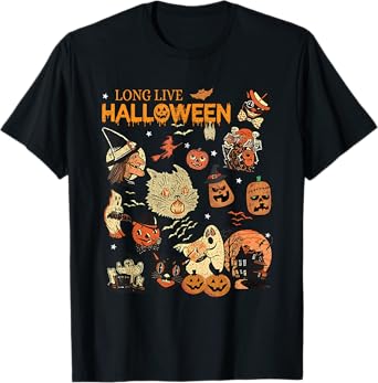Long Live Halloween Vintage Pumpkin Witch Ghost Black Cat Men Women Kids T-Shirt