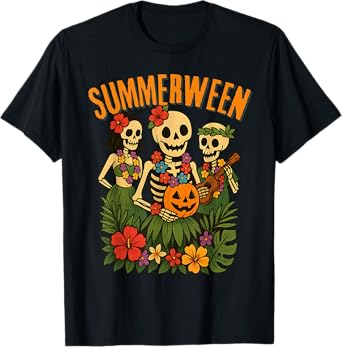 Funny Summerween Skeletons Luau Party Halloween Beach Vibes T-Shirt