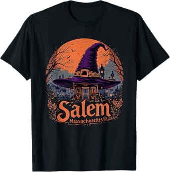 Vintage Salem Massachusetts Halloween Skyline Cityscape T-Shirt