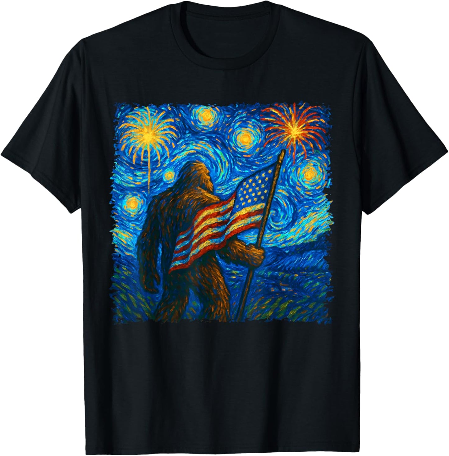Bigfoot 4th Of July Starry Night Van Gogh USA Flag Men Women T-Shirt