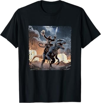 Epic Monkey Riding Dinosaur with Sword Beer Fantasy Battle T-Shirt
