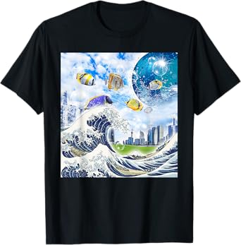 Frutiger Aero Aesthetic Tech Great Wave of Kanagawa Fishes T-Shirt