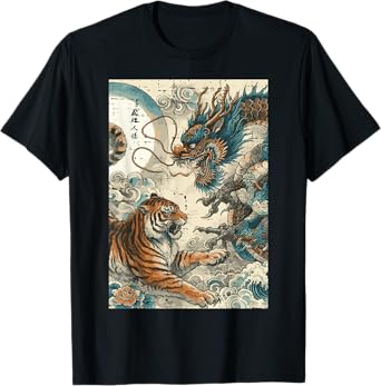 Japanese Tiger Fighting Dragon Vintage Art Women Men Kids T-Shirt
