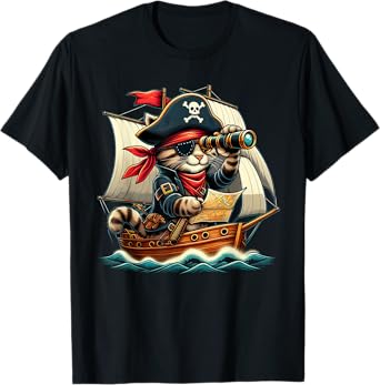 Funny Pirate Cat Adventure Halloween Cat Lover Men Women T-Shirt