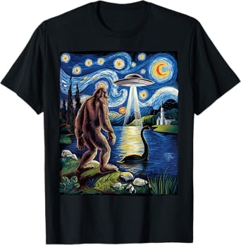 Bigfoot Sasquatch Loch Ness Starry Night Gifts Men Women Kid T-Shirt