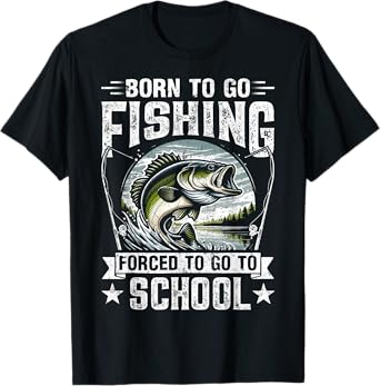 Teen Boys Fishing Shirt Forced To Go To School Bass Fish T-Shirt
