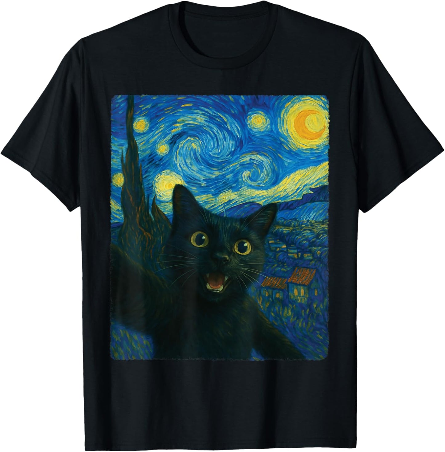 Starry Night Black Cat Van Gogh Cat Selfie Cat Graphic T-Shirt