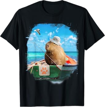 Capybara On Fishing Boat Funny T-Shirt