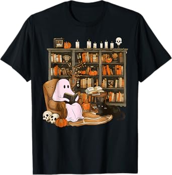 Vintage Ghost Book Reading Pumpkin Gothic Halloween Teachers T-Shirt