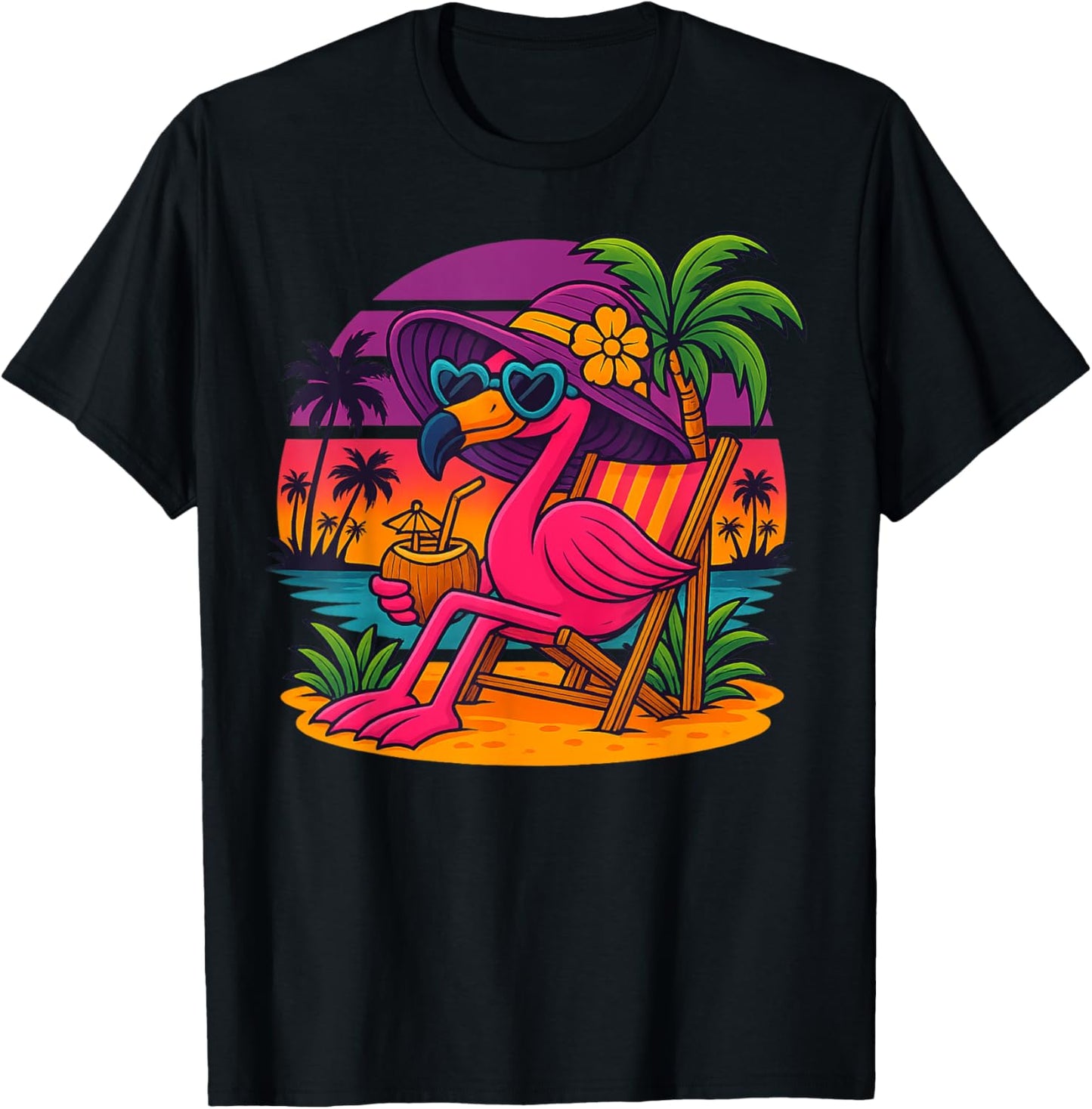 Beach Palm Summer Sunset Vacation Funny Flamingo T-Shirt