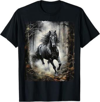 Beautiful black Horse running through the forest by night T-Shirt
