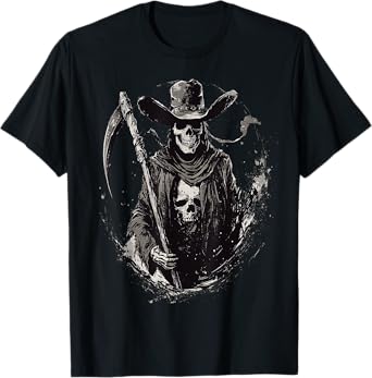 Western Grim Reaper Cowboy Wearing Hat Scythe Skull Art T-Shirt