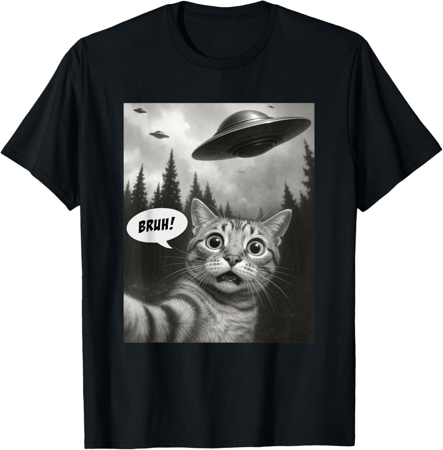Funny Cat Bruh For Teens Boys Meme Cat Selfie with UFOs T-Shirt