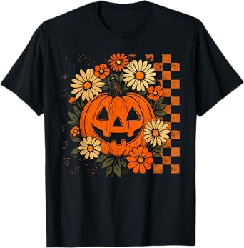 Vintage Floral Pumpkin Halloween Retro Jack O Lanter Face T-Shirt