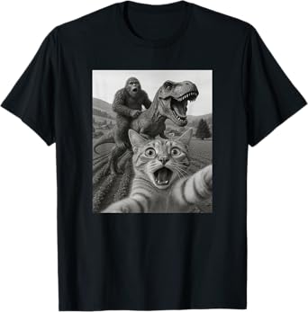 Funny Graphic Cat Selfie With Bigfoot Riding T-rex Dinosaur T-Shirt for Men Women Kids