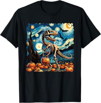 T-Rex Skeleton Halloween Van Gogh Starry Night Fall Pumpkin T-Shirt
