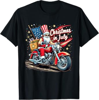 Christmas in July Biker Santa American Funny Summer Holiday T-Shirt