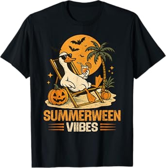 Summerween Goose Spooky Halloween Pumpkin Beach Summer Party T-Shirt