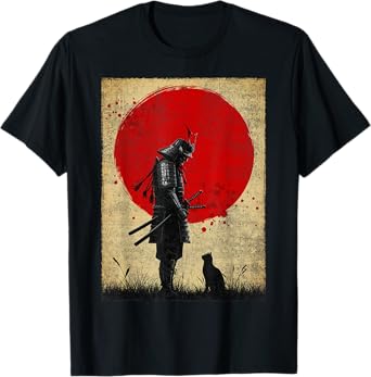 Japanese Art Samurai Warrior Black Cat Vintage Fighter Retro T-Shirt
