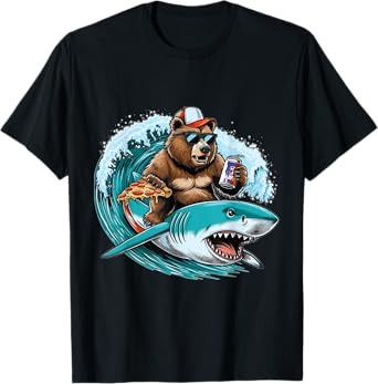 Bear Riding Shark Beer Pizza Funny Summer Vibe Beachy Lovers T-Shirt