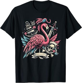 Funny Pirate Freebooter Jolly Roger Pirate Flamingo T-Shirt
