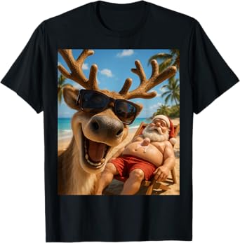 Funny Reindeer Beach Selfie - Christmas in July T-Shirt