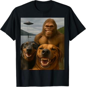 Funny Bigfoot Nessie UFO Dog Selfie Cryptid Meme T-Shirt for Men Women Kids