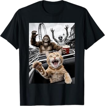 Funny Cat Selfie Bigfoot Alien Roller Coaster Men Women T-Shirt