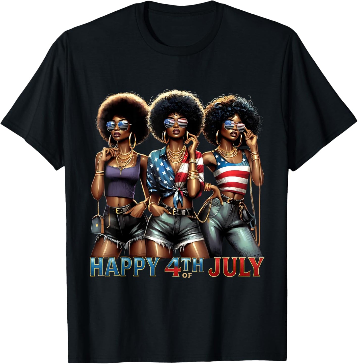 US Flag Melanin Afro African Happy 4th of July Black Girl T-Shirt