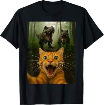 Funny Cat Selfie With T-Rex Dinosaur Cat Gift Kids Men Women T-Shirt