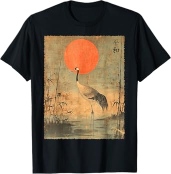 Vintage Crane and Red Sun Vintage Japanese Woodblock Art T-Shirt
