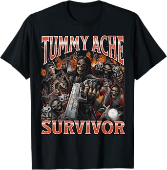 Tummy Ache Survivor Funny Hard Skeleton Meme Bootleg Graphic T-Shirt