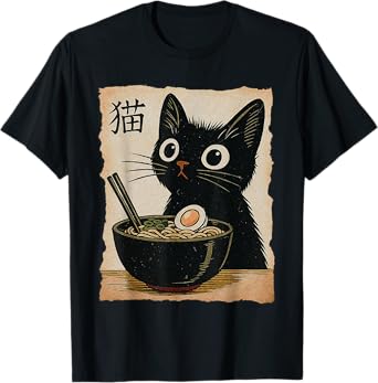 Funny Cat Ramen Graphic Tee Japanese Retro Anime Neko T-Shirt