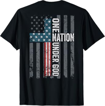 ONE NATION UNDER GOD - USA Cross Flag Christian - ON BACK T-Shirt