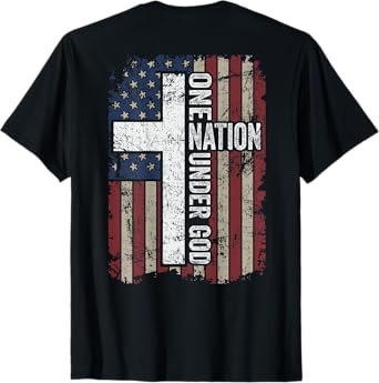 ONE NATION UNDER GOD - Christian Worship USA Flag - ON BACK T-Shirt
