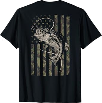 Fishing Camo American Flag Bass Fish (Design on Back) T-Shirt
